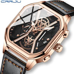 Novo CRRJU Relógio Original Cronógrafo Multifuncional Genuíno Ponteiro Luminoso Correia De Couro Moda Casual Empresarial Quartzo À Prova D'água 2313 X