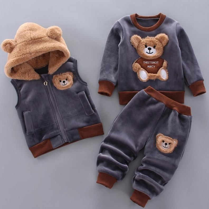 Roupa De Inverno Baby Kids 1-4 Anos Menino Velo Espesso Conjunto 3PCS Calça Com Capuz Para Bebês