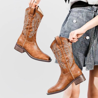 2023 Botas Ocidentais Femininas De Salto Alto Apontadas De Denim