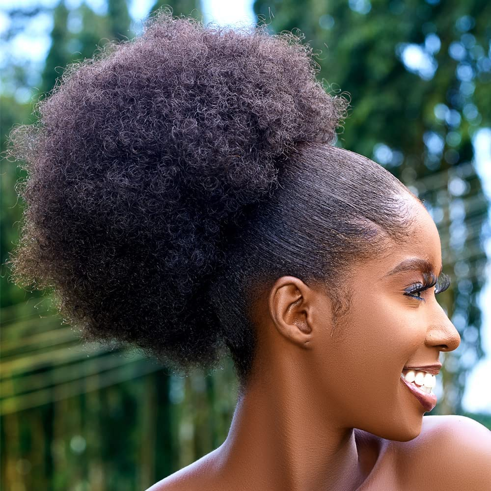 Extensão Afro Puff Drawstring Ponytail Para Mulheres Negras Sintética Kinkys Curtas Bun Updo Extensões De Cabelo Com Dois Clipes (Preto)