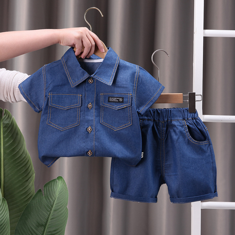 Roupas De Algodão Para Crianças Verão Menino Desenho Animado Denim Camiseta Sólida 2Pcs/set Infantil Kid Fashion Toddler 0-5 Anos