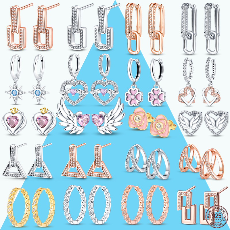 2023 Brincos femininos 925 Prata Pavé Cubic Pavé Cubic Zircon Rose Gold Angel Heart Original Noivado requintado Brincos de casamento