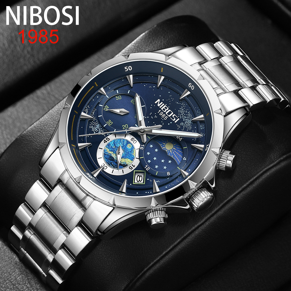 Relógio De Quartzo NIBOSI Luxury Men's Watch Night Moon Fase Lunar À Prova D'água 2602 em Oferta na Shopee