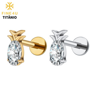FINE4U Piercing Titânio 16G Brinco Abacaxi com Oval CZ Labret Cartilagem Tragus Helix Conch Lobe Piercing