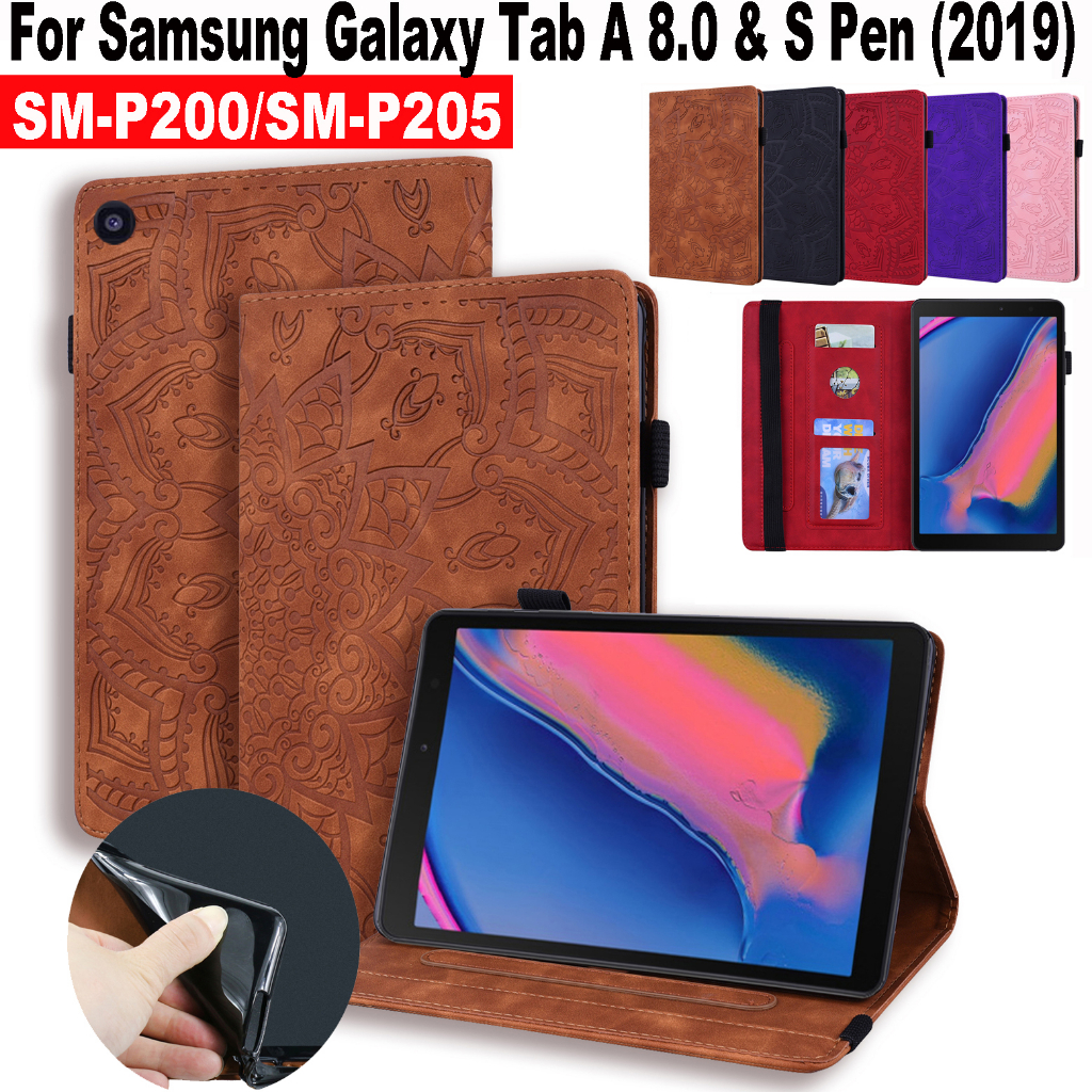 Estojo De Couro Para Samsung Galaxy Tab A 8.0 & S Pen (2019) SM-P200 P205 Flip Stand Com Caneta TabA With S Pen P200 P205 De 8.0 Polegadas Padrão Em Relevo