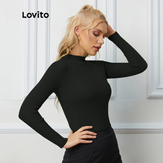 Lovito Suéter Casual Lisa Básica com Gola Alta L09077 (Preto)