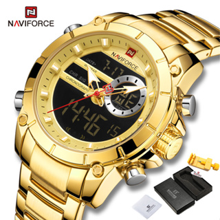 Relógio De Pulso NAVIFORCE 9163 Gold Waterproof Digital Análogo De Moda Homem Dual-Display em Oferta na Shopee