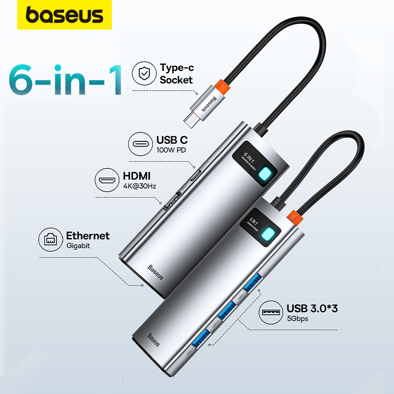 Baseus USB C Hub Tipo A 4K HDMI PD USB3.0 RJ45 Estação De Ancoragem Do Adaptador Compatível Para MacBook Pro Air Laptop em Oferta na Shopee