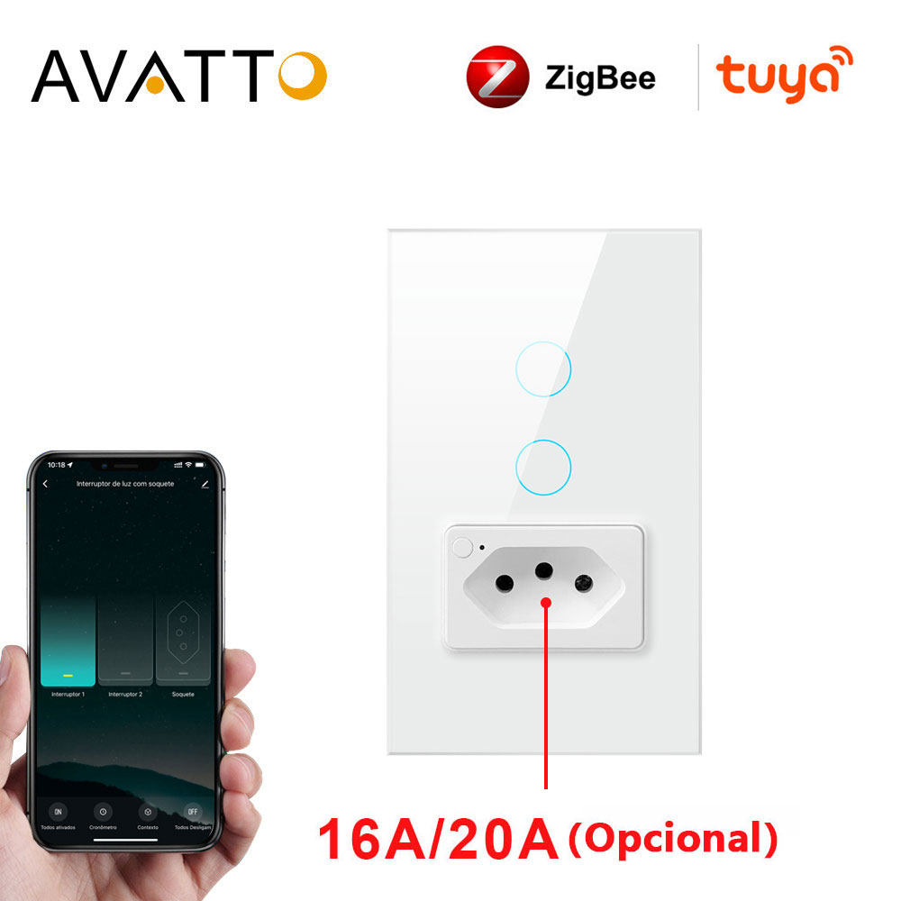 AVATTO Tuya Zigbee 16A/20A Interruptor E Tomada Inteligente , Painel De Vidro Padrão Brasil 4X2 interuptor De Controle Remoto Funciona Com Alexa Google Home