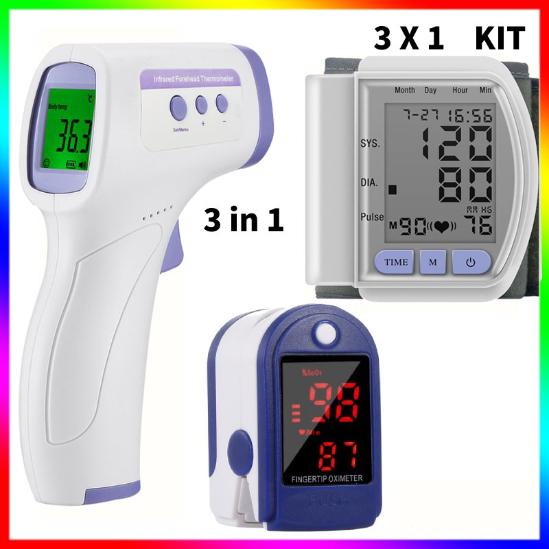 Oxímetro Digital + Esfigmomanômetro Medidor De Pressão + Termômetro Kit De Cuidados Com Idosos 3x1