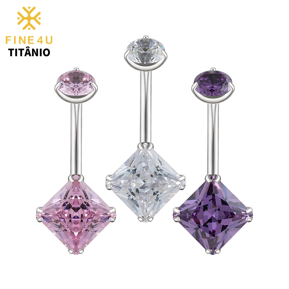 FINE4U Piercing Umbigo Banana em Titânio com Quadrada e 2 Zircônias Cravejadas