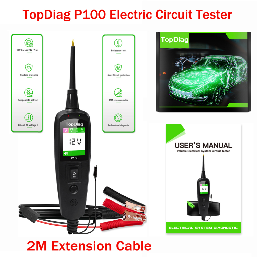 TopDiag P100 Testador De Circuitos Elétricos Com Cabo De Extensão 2M Automotivos P100 0V-70V Analisador Multilíngüe