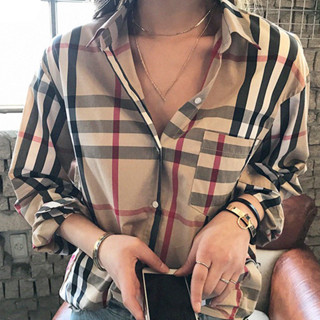 Camisa Clássica Feminina Xadrez Manga Longa Blusa Com Botão De Primavera Outono Abotoado Longo