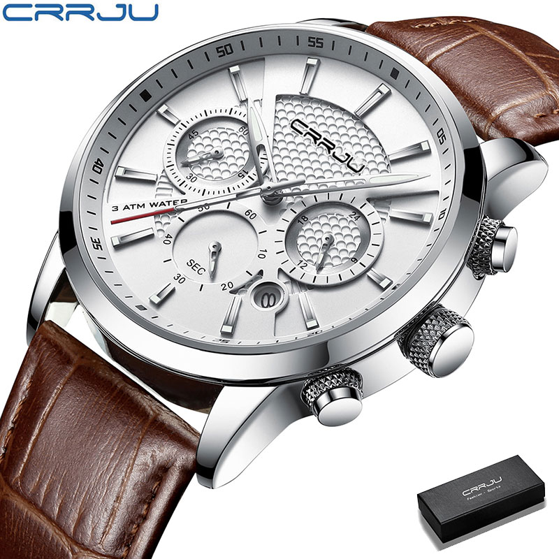 CRRJU Relógio masculino casual de couro Marca de luxo Esportes à prova d'água Data Cronógrafo 2212