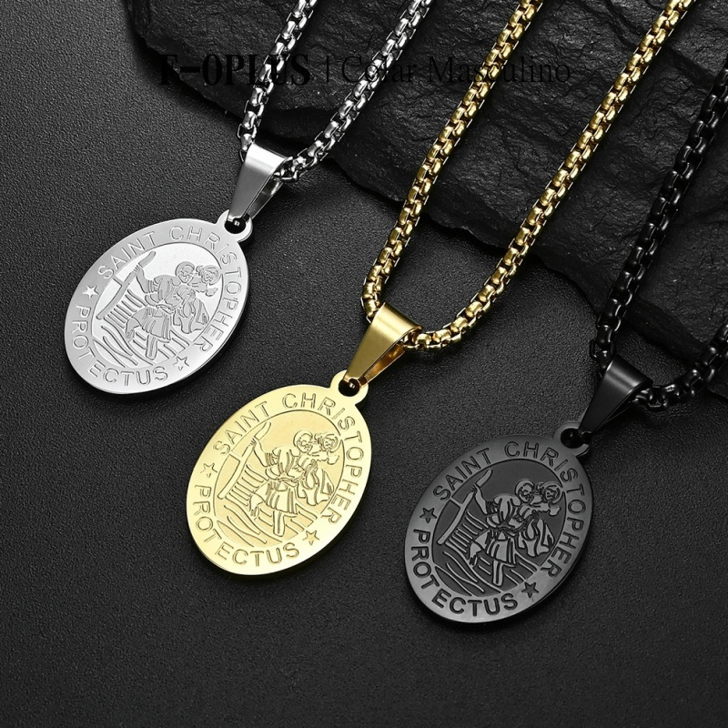 F-OPLUS | Colar Masculino de São Cristóvão Ouro/Preto/Prata 60cm 70cm Corrente com Pingente de São Cristóvão,Fé Amuleto Medalha de São Cristóvão TNM007