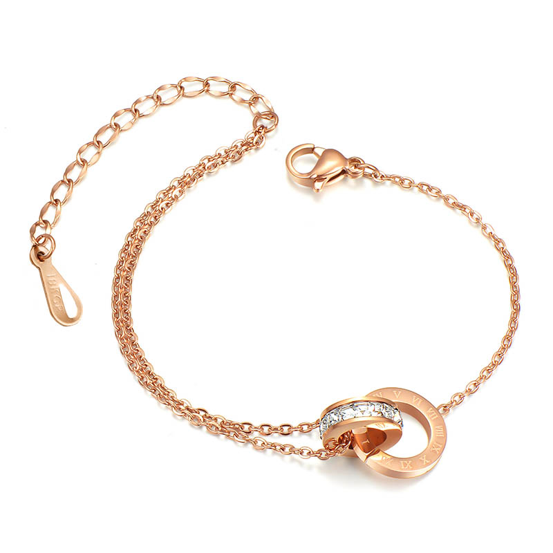 Ht titânio aço diamante anel entrelaçado Numeral romano pulseira feminina aço inoxidável anel duplo pulseira