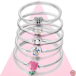 Venda A Quente 2023 Novo 925 Prata Gato Fofo Estrelado Céu Unicórnio Tulipa Bangle Fit Original Charm Beads Diy Charme Pulseira Jóias Presente