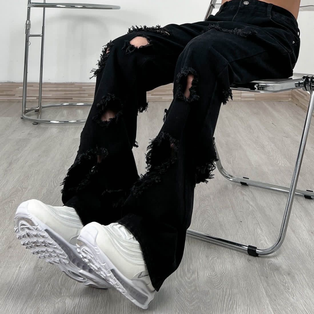 Filfr American Retro Ripped Micro-Flared Black Jeans Homens de rua Calças de ganga pretas rasgadas