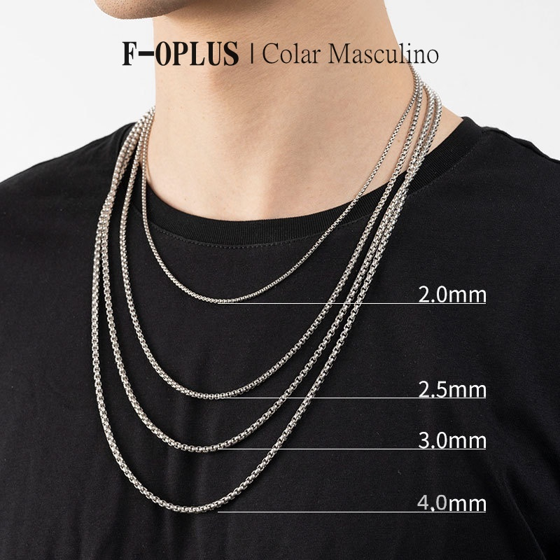 F-OPLUS | 2mm-4mm Corrente Masculina e Feminina de Quadrada 45cm-80cm Colar de Aço Inoxidável Banhados a Ouro 18k TNM023