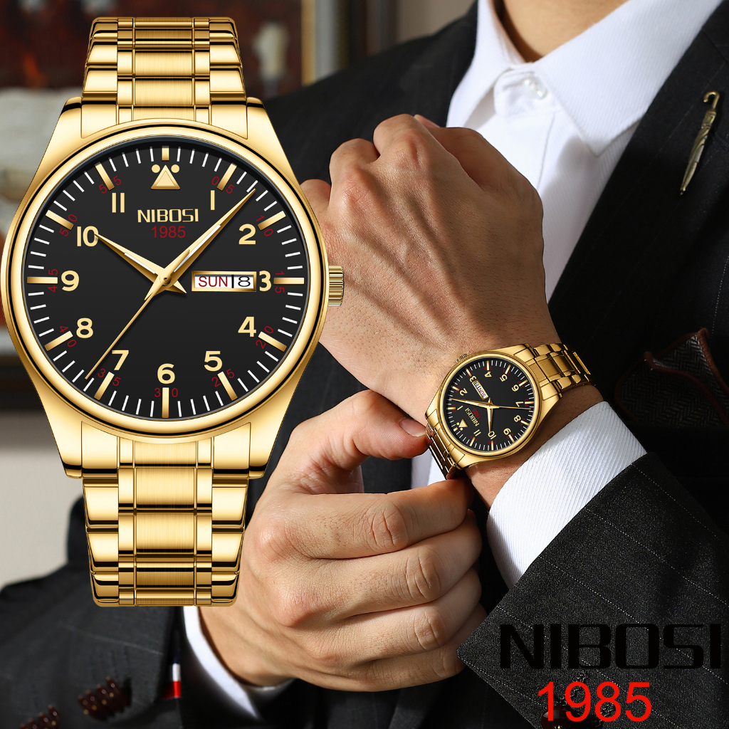 Relógio De Faixa Digital NIBOSI Duplo Calendário Gold Black Quartz À Prova D'água 2571 em Oferta na Shopee