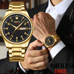 Relógio De Faixa Digital NIBOSI Duplo Calendário Gold Black Quartz À Prova D'água 2571