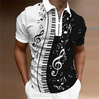 Camisa Polo Zíper Masculina Padrão Musical Nota Imprimir Rua Manga Curta Impressão Roupa Moda Casual