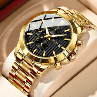 CRRJU Relógio Masculino Marca Original Autêntico Novo Cronógrafo Multifuncional Mãos Luminosas Aço Inoxidável Ouro Luxo Empresarial Quartzo À Prova D