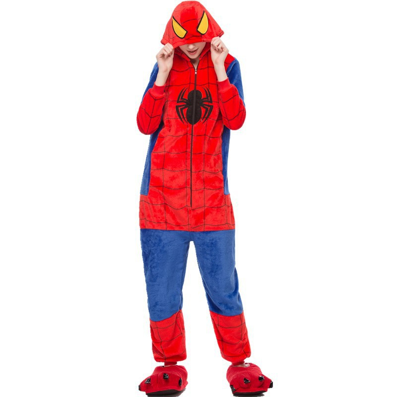 Homem-Aranha Flanela Home animal De Desenho Animado Infantil Pijama De Uma Peça cosplay Manga Comprida Adulto Com Capuz