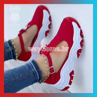 [entrega 24 horas] Marca Tênis feminino 2023 outono nova cor de fundo grosso contraste camurça fivela gravata euro-americana casual