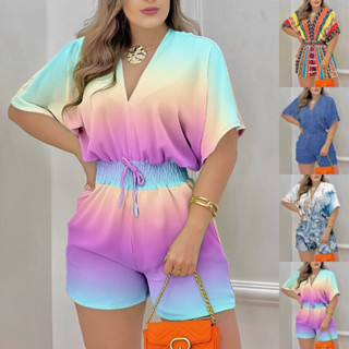 Escritório Senhoras Elegantes Rompers De Manga Curta Summer Casual Lace Up Fatos De Verão Palysuits Mulheres