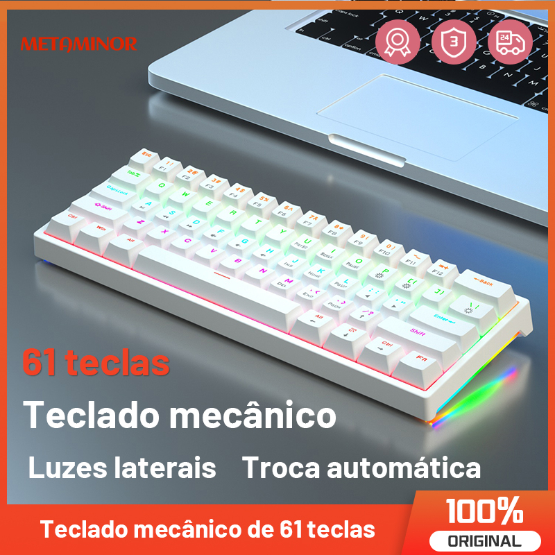 META61 Teclado Mecânico 61keys 60 % Hotswap Com Fio De Claro Mista/Lâmpada Lateral/Tira Quente/Recarregável Para PC Mac