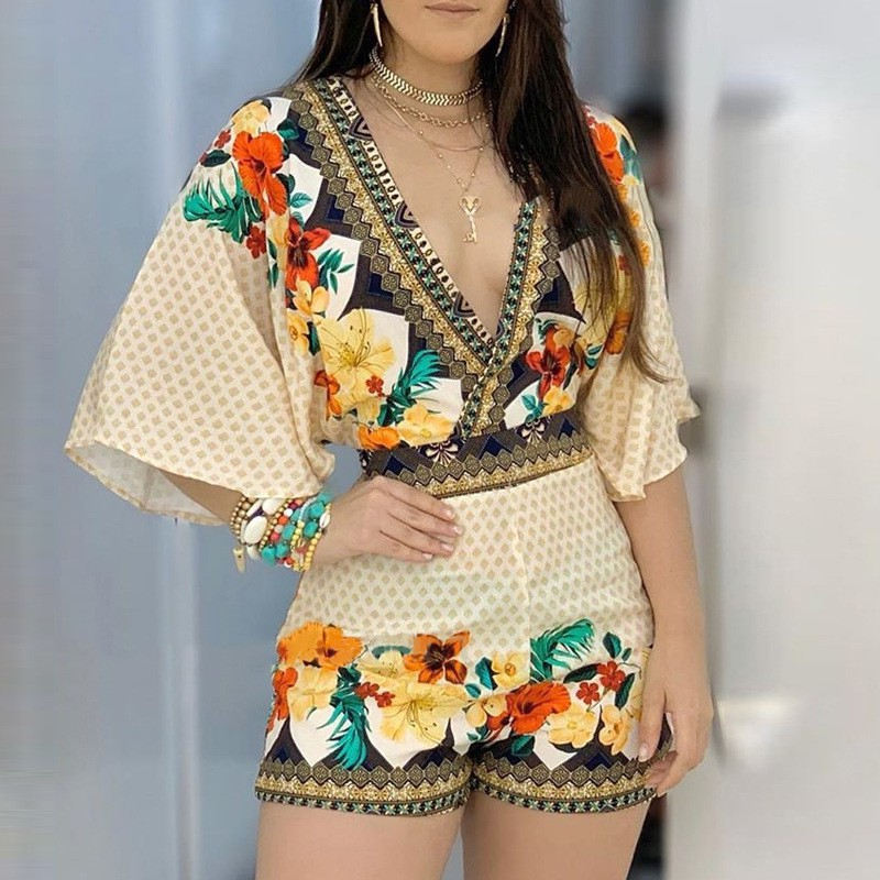 Macacão feminino casual, verão, estampa floral, 2023, manga 3/4, costas abertas, roupas femininas em Oferta na Shopee