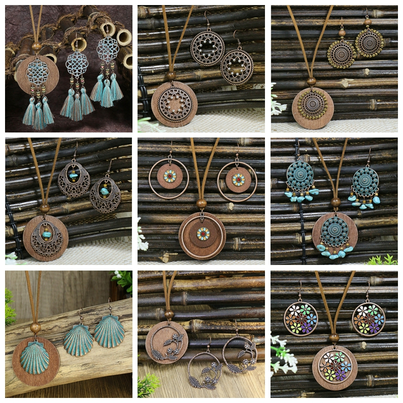 Colar De Flores De Madeira Étnica Conjunto De Brincos Boho Turquesa De Contas Tassel De Cordas Longas Acessórios De Vestuário Retro