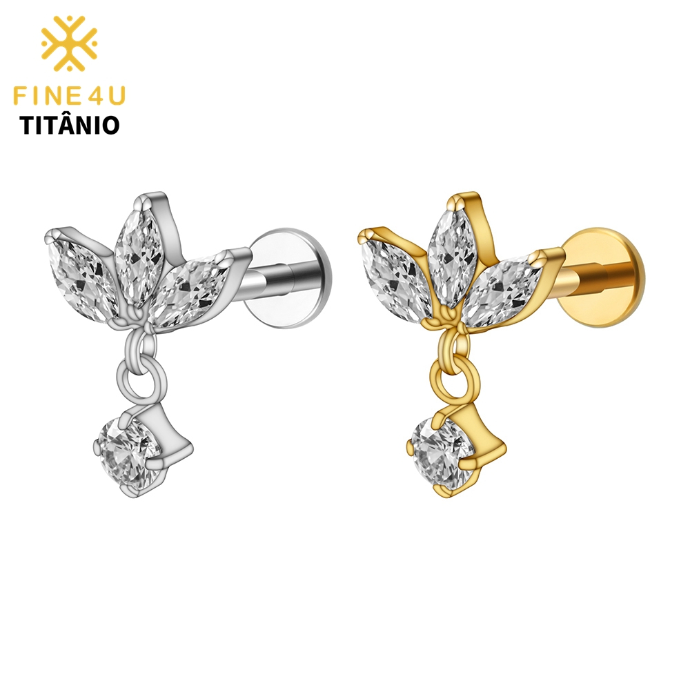 FINE4U 1°/2°/3° Furo Piercing Titânio Com Flor Zircônia Pingente PVD Para Flat Helix Cartilagem