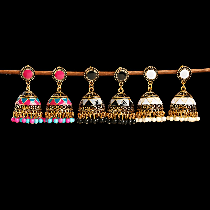Moda Colorida Contas Tassel Jhumka Indiana Brincos Para Mulheres De Sino Oxidado De Liga De Ouro Vintage Ethnic Bollywood