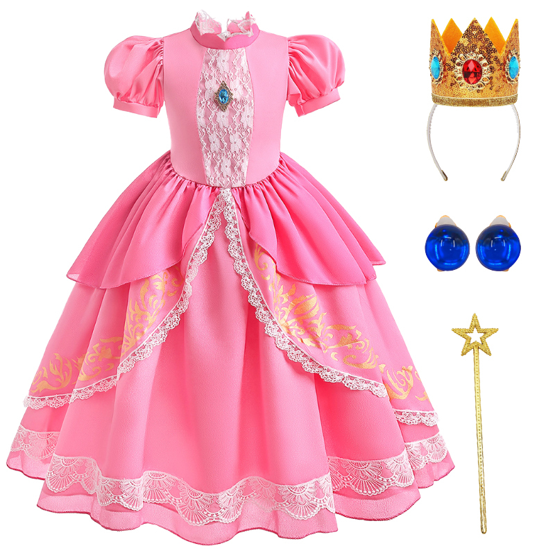 Fantasia De Verão Pêssego Princesa Cosplay 2023 Vestido Super Mario Festa De Aniversário Infantil Lace Flroal Halloween