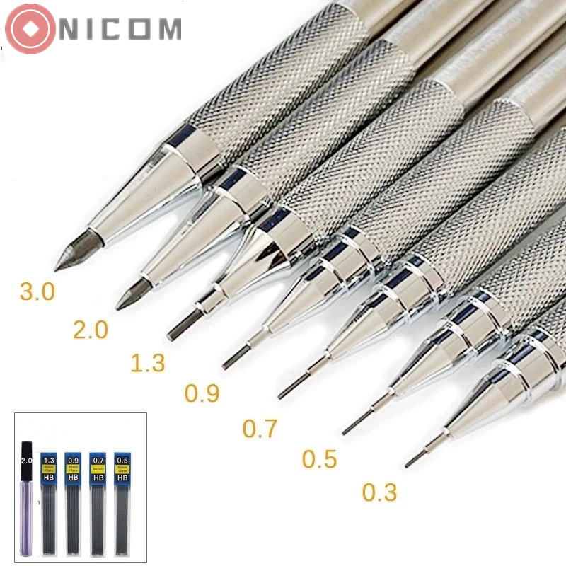 0,3/0,5/0,7/0,9/1,3/2,0mm Conjunto De Lápis Mecânico Desenho De Arte Metálico Completo Pintura Líderes Automáticos Material Escolar De Escritório