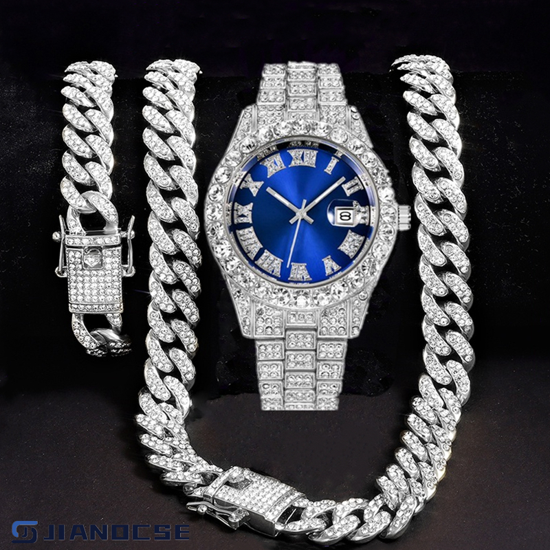 Novo Colar Cravejado Iced RelóGio Masculino Ice Colar Kit Hip Hop Prata Pulseira Cubano Corrente Masculina Bling JóIas