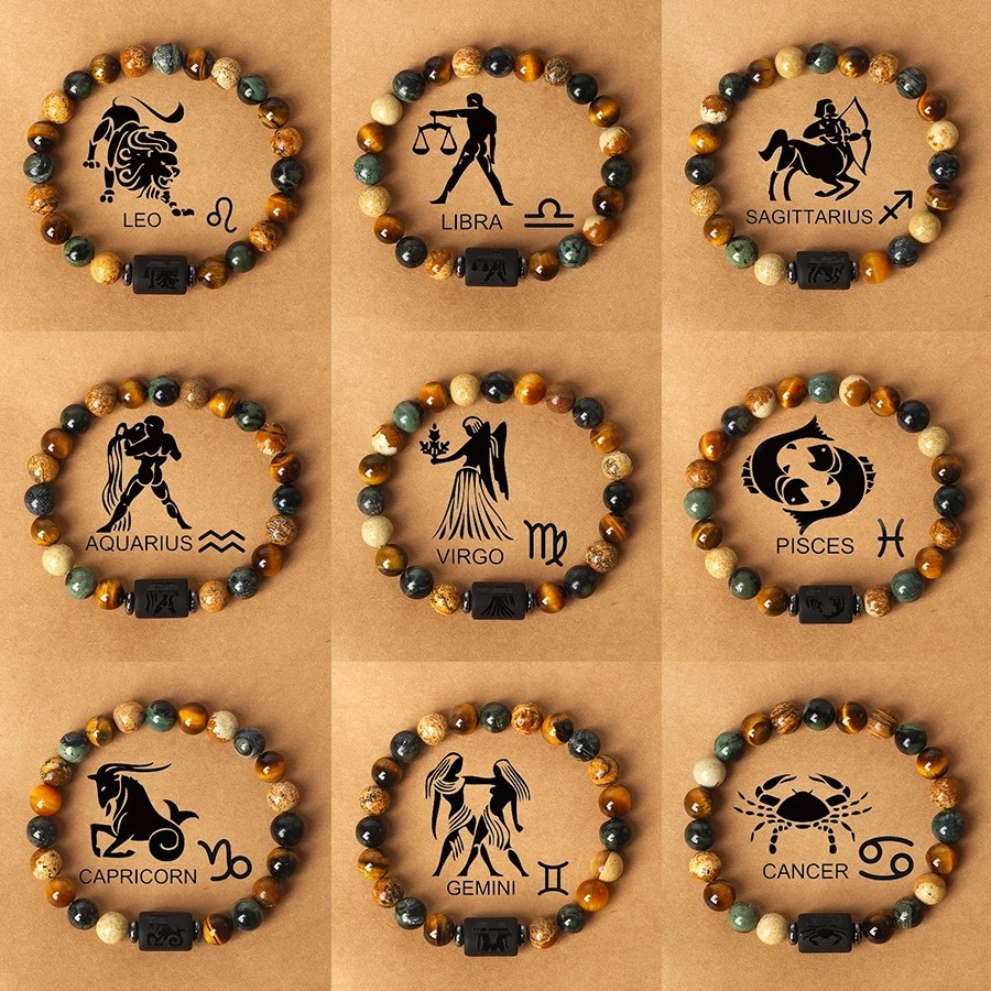 12 Constelações Pulseira Com Contas De Pedra Natural Olho De Tigre Obsidiana Para Jóias Masculinas E Femininas