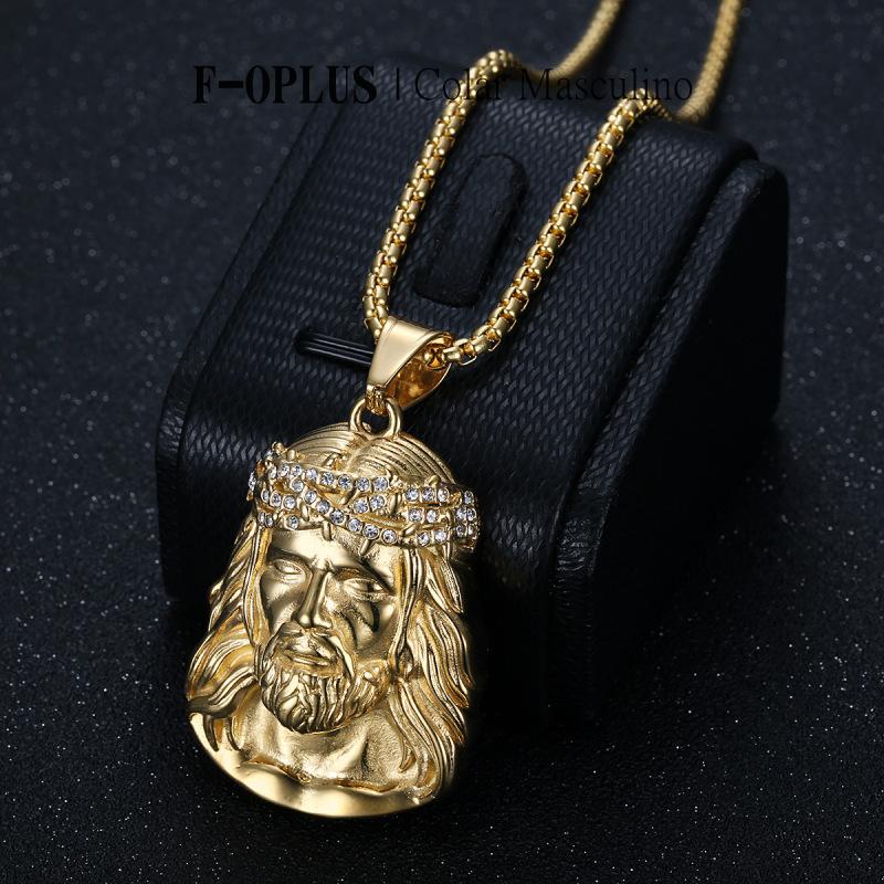 F-OPLUS | Colar Jesus Cristo de Aço Inoxidável do Banhado a Ouro 18K 60cm 70cm Hip Hop Corrente Masculina com Pingente Jesus com Strass TNM054