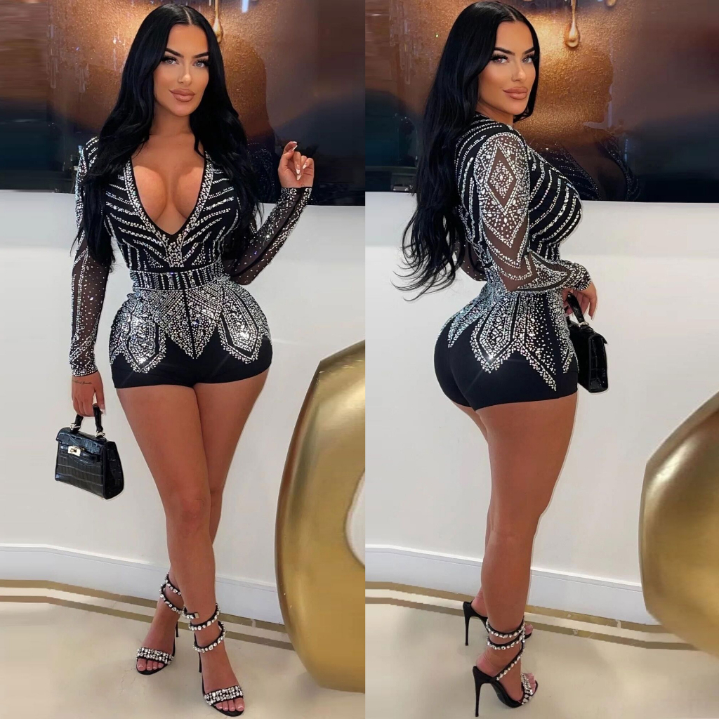 Sexy Nightclub Party Club Clube de Festas Slim-fit Hot Diamond Perspective Slim-fit Hip Wrap Deep V Fato de Salto com Diamante Quente Curto