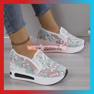 [entrega 24 horas] Plataforma Cunhas Tênis Feminino Floral Bordado De Malha Para Mulheres Slip On Casual Comfy Heeled Shoes Woman white size 35-42