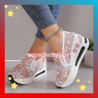 [entrega 24 horas] Plataforma Cunhas Tênis Feminino Floral Bordado De Malha Para Mulheres Slip On Casual Comfy Heeled Shoes Woman white size 42