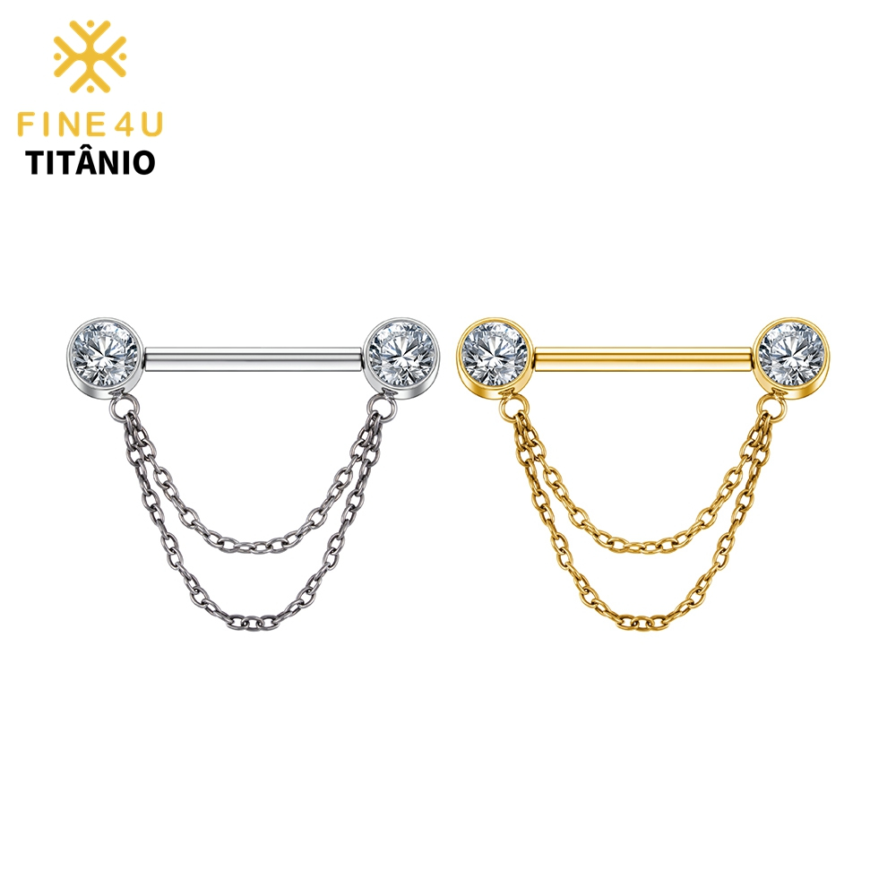 FINE4U Piercing Mamilo Titânio Com Corrente Dupla Agulha Titânio de Grau de Implante 1PCS