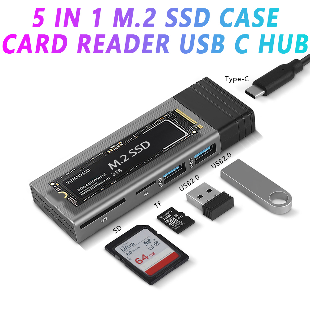 2026 Novo Gabinete SSD M.2 NVMe/NGFF com 2 USB, Leitor de TF/SD, Hub Tipo C, Dock NVMe, Compatível com MacBook Pro/Air