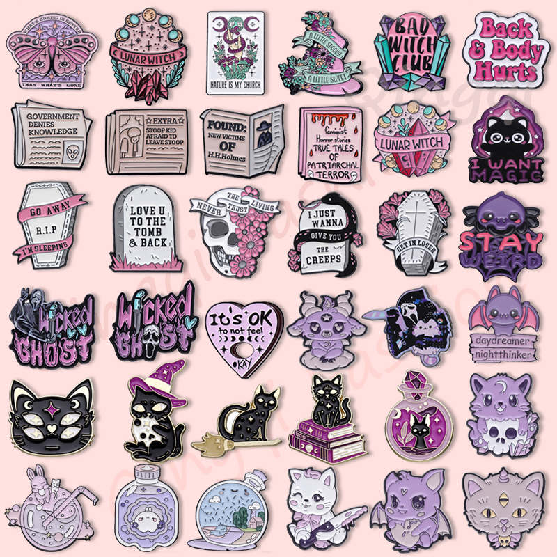 Broche Gótico De Esmalte Broches Punk Traça Caixão Fantasma Gato Preto De Metal Mochila Jóias Presentes Para Amigos
