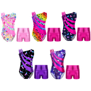 Kids Girls Asymmetrical Shoulder Straps Patchwork Leotard Impresso Com Calções Metálicos De Cintura Alta Para Ginástica De Dança Performance