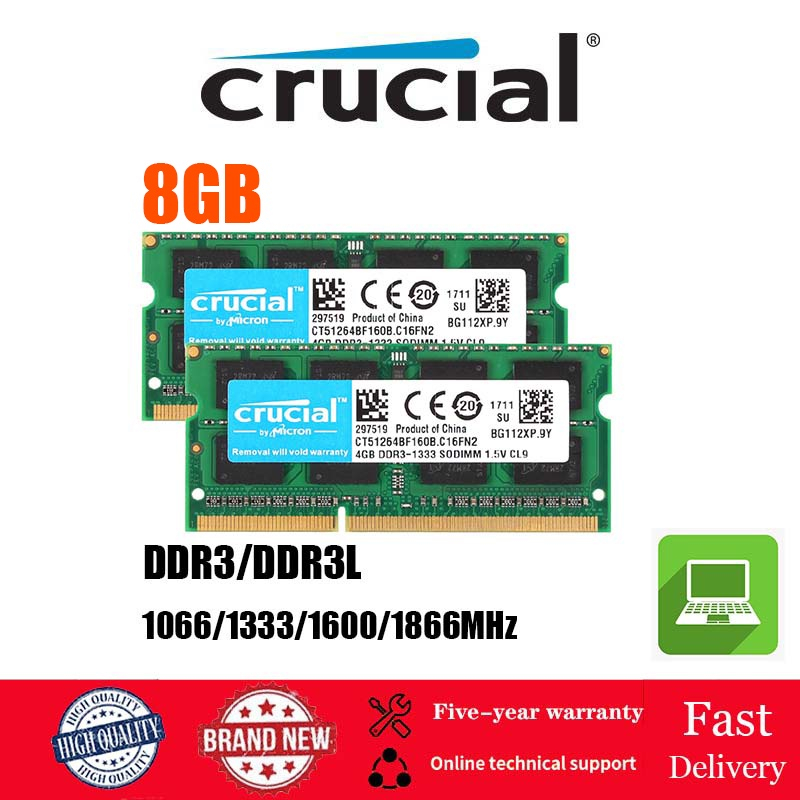 Crucial Portátil RAM DDR3 DDR3L 4GB 8GB 1066 1333 1600MHZ 8GB SODIMM PC-8500-10600-12800 1.35V 1.5V Para Memória De Notebook