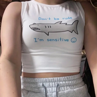 Colete De Verão Feminino De Pescoço Redondo Sem Manga Ins Y2K Camiseta TopTees X Todos Os Diafish Slogan & Shark Graphic Print