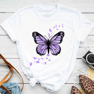 Pétalas De Borboleta Roxa Estampando Novo design Moda Camiseta Feminina De Manga Curta Com Gola Redonda casual top Primavera Verão Roupas De Outono-Multicoloridas